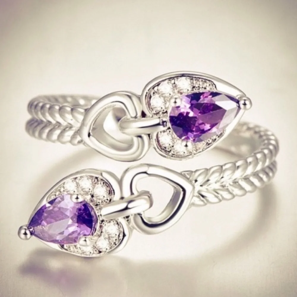 New S925 Sterling Silver Purple Amethyst & Morganite Heart Tear Drop Ring